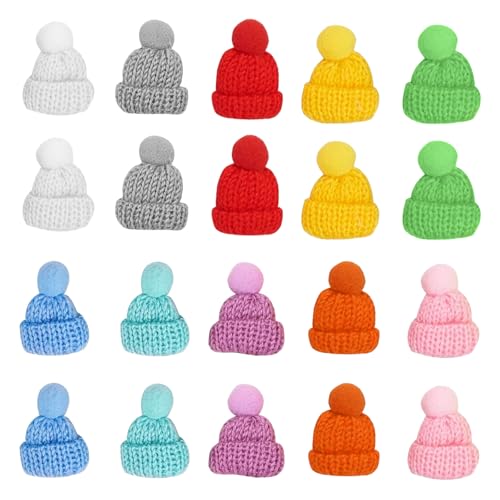 20Stück Sorgenwürmchen Zubehör, Mini Weihnachtsmützen Wichtel Mütze,Cute Handmade Gestrickt Mini Hut Ornamente Glückswürmchen Zubehör, Mini Hüte für DIY-Mini-Party Heimdekorationen Gemischte Farben