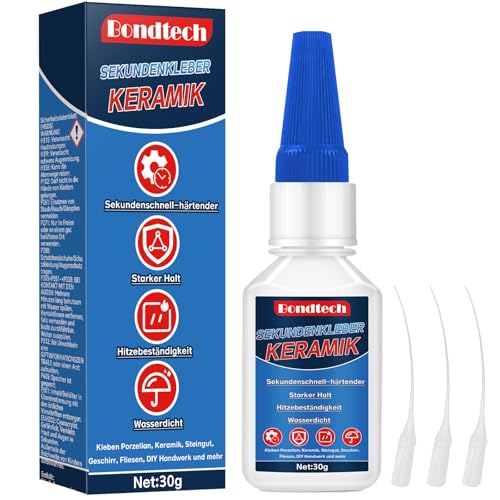 Porzellankleber 30 g, Keramikkleber mit Anti-Austrocknungs-Spitze, für Reparaturen an Keramik, Geschirr, Ceramic, Fliesen, DIY Bastelprojekten und Mehr, Wasserdicht, Hitzebeständig
