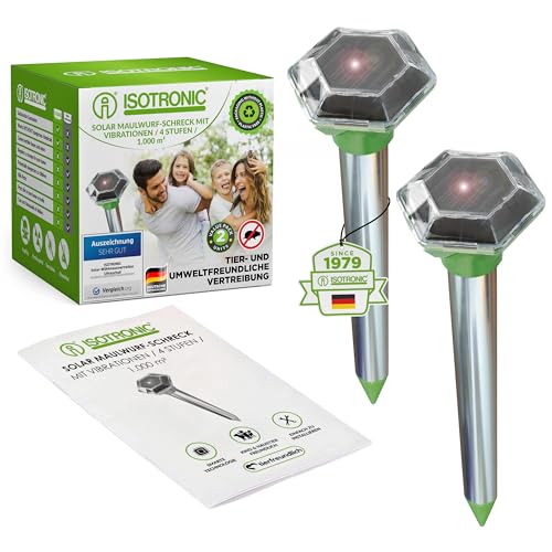 ISOTRONIC Solar LED Maulwurfabwehr Vibrasonic mit Vibrationsmotor | 2er Set solarbetrieben Wühlmausfrei Wühlmausschreck Wühlmausvertreiber Maulwurfschreck Schlangenabwehr | ohne Buttersäure