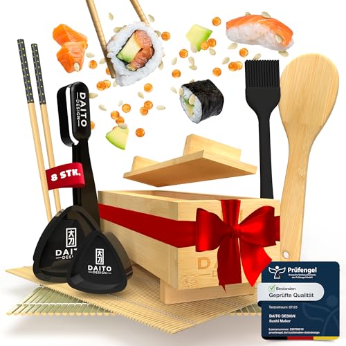 DAITO DESIGN Sushi Maker – Premium Sushi Set zum selber machen mit Bambus Zubehör und Rezepten | Kreiere meisterhafte Maki, Uramaki, Nigiri, Onigiri & Oshizushi | Ideal für Anfänger & Profis.