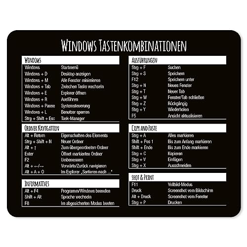 Mauspad mit Windows Tastenkombinationen I 24 x 19 cm I Mousepad in Standardgröße, rutschfest I Tastenkürzel Übersicht Shortcuts I dv702