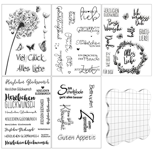 Silikonstempel Set, 5 Blätter Sprüche Deutsch Clear Stamp Geburtstag Stempel Herzlichen Glückwunsch mit Acrylblock für DIY Hochzeitseinladungen Journal Scrapbooking (5 Stile)