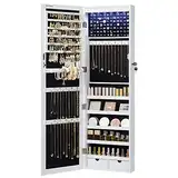 SONGMICS Schmuckschrank hängend, Wandspiegel, 6 LED-Glühbirnen, abschließbarer Spiegelschrank, Wandschrank, Wandmontage, an der Tür hängend, weiß mit Holzmaserung JBC93W