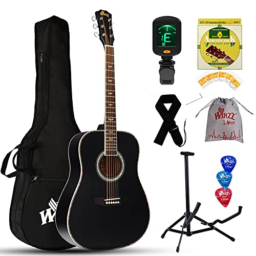 Winzz Schwarz Akustikgitarren 4/4, Anfänger Gitarren 41 Zoll mit Gitarrentkoffer, Stimmgerät, Gurt, Plektren, Extra Saite und Gitarrenständer