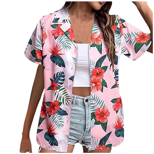 yiouyisheng Hawaii Outfit Damen Hawaiihemd Kurzarm Hawaii Hemd Damen Hawaii Bluse Sommer Button Down Hawaii Shirt Strand Reise Party Hemd Funky Aloha Sommerhemd Casual Hawaiibluse Hawaii Hemden