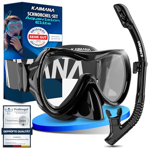 Das Neue KAIMANA® AquaVision Elite Schnorchelset für Erwachsene inkl. Tragetasche, Bequeme Taucherbrille Erwachsene, Alternative zur Schnorchelmaske, Taucherbrille mit Stoffband/Silikonstrap