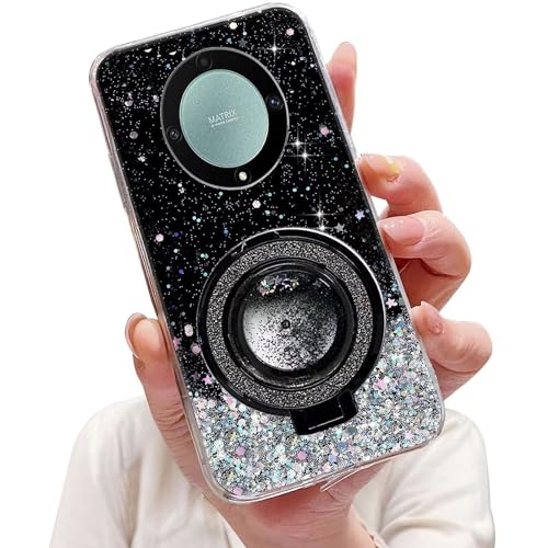 Tivenfezk Nadoli Sparkle Treibsand Ständer Hülle für Honor Magic 5 Lite 5G,Versteckt Ständer Ring Klar Glitzer Stern Handyhülle Durchsichtig Bling Schutzhülle Case Cover,Schwarz