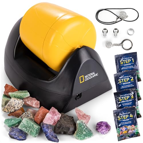 NATIONAL GEOGRAPHIC Starter Rock Metall, gummierter Schaft Tumbler Kit - Komplettes Steinpolierer-Set, langlebiger, auslaufsicherer Becher, 227 Gramm Steine, Körnung, 5 Schmuckverschlüsse