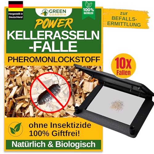 GREEN GUARDIA Kellerasseln Falle mit Pheromon-Lockstoff - 10x Fallen - umweltfreundlich Ungeziefer bekämpfen, Chemiefreie Pheromonfalle mit austauschbaren Klebeflächen, giftfrei und geruchsneutral