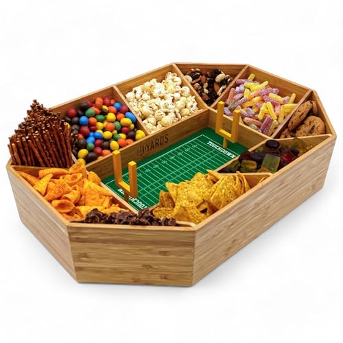 40YARDS American Football Snack Stadium aus Bambus Holz + Filz-Spielfeld (weich) mit Markierungen & 2x gelbe Field Goals | Größe: 50 x 36 cm | AUFGEBAUT | Football Snack Stadion ist wiederverwendbar