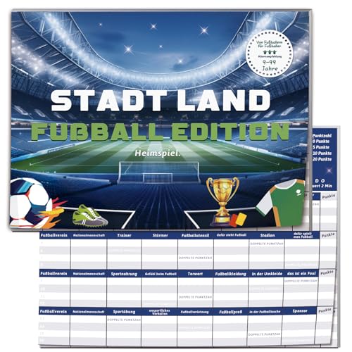 Stadt Land Fussball Edition Spiele, Fussball Geschenke Jungen, Stadt Land Fluss, fußball Heimspiel Geschenkideen, Adventskalender füllung Jungen, Activity Spiel, Familienspiel Deutsch, 50 Blatt