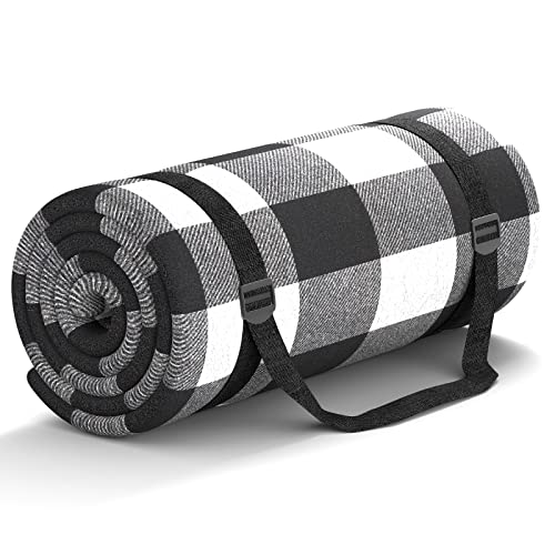 HUTHIM Picknickdecke 200x200cm, Stranddecke Wasserdicht Sandfrei Outdoor Decke Waschbar XXL Picknickdecken, Faltbar Strandmatte mit Schultergurt, ideal für Strand Park (Schwarz-Weiß-Gitter)
