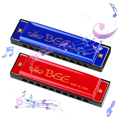 2 Stück Mundharmonika, 10 Löcher 20 Töne Blues Mundharmonika Tonart C Diatonische Mundharmonika Perfektes Musikgeschenk für Kinder Erwachsene Anfänger und Interpreten (Rot Blau)