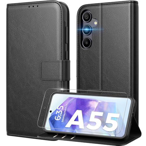 Peakally Handyhülle für Samsung Galaxy A55 5G Hülle [Mit 1 Stück Panzer Schutz Glas] [Premium PU Leder] [RFID-Blockierung] [Kartenfach] [Ständer] Klapphülle kompatibel mit Galaxy A55 - Schwarz