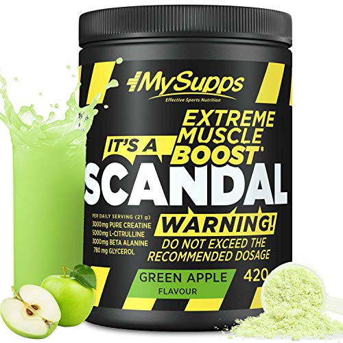 My Supps Scandal Pre Workout Booster 420g Green Apple - Pump Trainingsbooster Pulver mit Koffein, Citrullin & Kreatin - Training Fitness Booster hochdosiert, Made in Germany