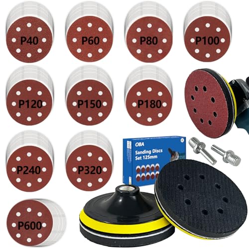 OBA 100 Stück Schleifscheiben Sets 125mm Klett für Winkelschleifer und Exzenterschleifer + 2 M14 Schleiftellers + 2 Schaftmit, Schleifpapier 8 Loch für Holz Metall und Farbe