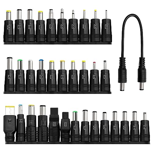 34 Stücke Universal DC Netzteil Adapter, 5.5x2.1mm KUOQIY DC Hohlstecker Adapter mit 1 Stücke Kabel für Laptop Netzteil, Kompatibel mit HP Dell ASUS Lenovo Acer