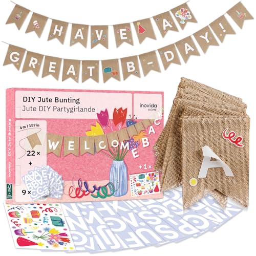 Wimpelkette Jute mit Buchstaben zum Aufkleben : 4m Girlande Personalisiert – Wimpelkette Stoff – Happy Birthday Girlande – Willkommen Zuhause – Just Married Girlande – Party Deko von Inovida