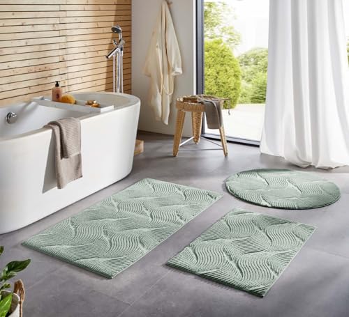 Taracarpet Badematte Homestyle rutschfest waschbar Badezimmerteppich Bad-Vorleger, WC Deko, Duschvorleger für Dusche und Badewannen sehr weich und als Set kombinierbar Grün Dühne 080 cm rund