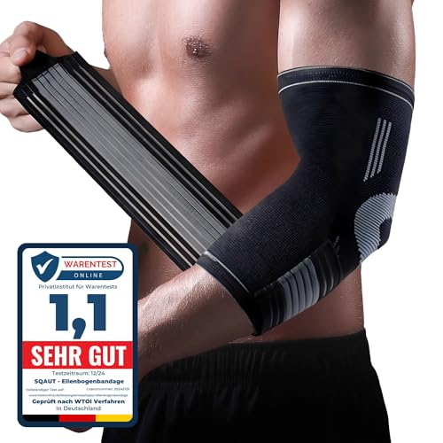 SQAUT® Ellenbogenbandage Ellenbogen Bandage Herren und Damen für Sport, Tennisarm und Golferarm Ellbogen Stütze Armbandage mit Klettbänder Klettgürtel Elbow Brace Elbow Support (Schwarz (1 Stück), L)