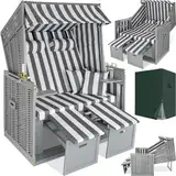 tectake® Strandkorb, Strandkorb Ostsee 2-Sitzer, verstellbare Rückenlehne, Volllieger mit Fußbänkchen und Seitentische, inkl. Schutzhülle & Kissen, Ideal für Balkon, Garten und Terrasse - grau/weiß