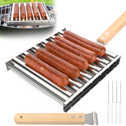 CLOPAE Hot Dog Roller, BBQ Wurst Grillgestelle, Hot Dog Grill Halter Wurst Rolle Grill Hot Dog Grillroller mit Holzgriff Grill für Gleichmäßig Gegarte Hot Dogs