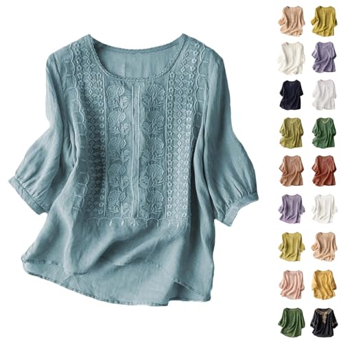 Leinenbluse Damen Sommer Leinen Bluse Damen Plus Größe Kurzarm Tunika Bluse Retro Jacquard Hemdbluse Baggy Lose Fit Shirt Leicht Fließenden Saum Schlupfbluse