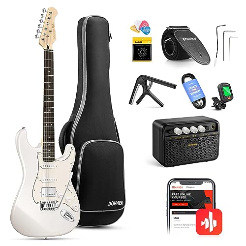 Donner E-Gitarre Set 39 Zoll mit Ahorn Griffbrett, E Gitarren mit Verstärker, Tasche, Capo, Gurt, Saiten, Tuner, Kabel und Plektren (Weiß)