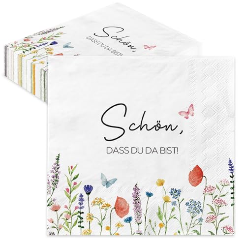40 Stück Servietten Schön Dass Du Da Bist – Blumen & Schmetterling Design, 33x33 cm – Papier-Servietten Hochzeit, Geburtstag, Frühling, Ostern, Tischdekoration