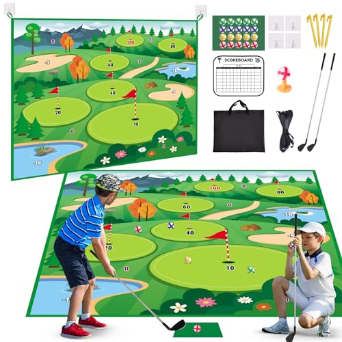 Vatos Golf Abschlagmatte Spiel mit 2 Clubs, 70" x 70" Golf Praxis Matten Golf Training Matte Indoor Outdoor für Kinder Erwachsene Familie, Golfmatte mit 20 Bälle und 1 Score Board Golf Set