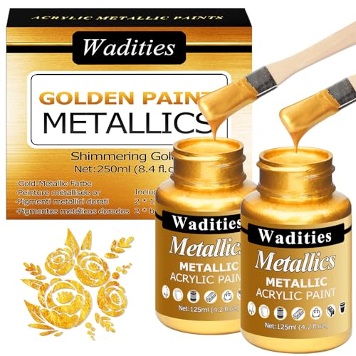 Wadities Acrylfarbe Metallic Gold, 250ml Blattgold Farbe für Kunst Malerei, Ideal für Leinwand, Holz, Ton, Stoff, Keramik, Stein, Glas Craft Supplies