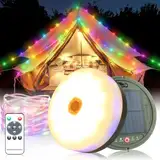 10m Solarenergie USB 2 in1 Camping Lichterkette Aufrollbar,130Leds Campinglampe mit led lichterkette und Fernbedienung,Wasserdicht IP65 Tragbare camping lichterkette,Led lichterkette außen camping