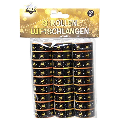 3er PACK PAPIER LUFTSCHLANGEN 40 "3-tlg. 40.GEBURTSTAG MOTIV: schwarz gold Deko