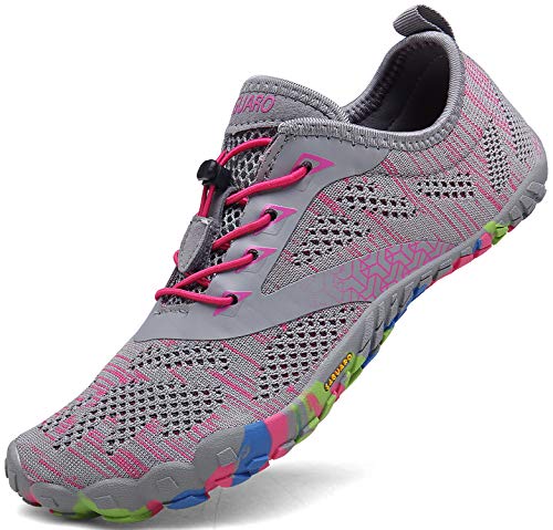 Barfussschuhe Frauen Schnell Trocknend Trail Laufschuhe Damen Leicht Fitnessschuhe Barfuß Zehen Sport Outdoor Schuhe Fliegender Stoff Rosa Gr.38