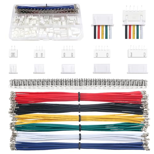 Lyeteung 420 Stück 2.54mm JST Stecker Kit, JST-XH 2/3/4/5/6 Pin Gehäuse Adapter Kabel Stecker Buchse Stecker und Buchse, mit 22 AWG Vorgekräuseltem Kabeldraht und Pin-Crimpklemme (Doppelt)