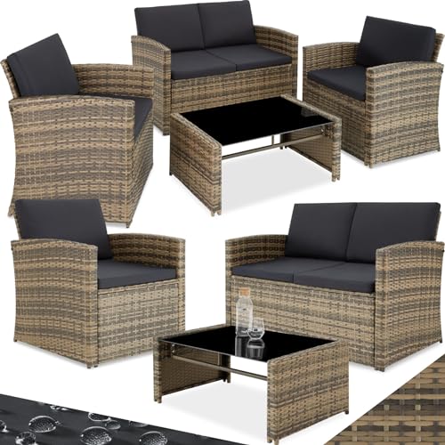 tectake Lounge Gartenmöbel Set Poly Rattan für den Garten, Möbel für den Balkon, 12-teilige Garten Lounge (wetterfest), Essgruppe mit Outdoor Sofa, Sessel und Tisch für 4 Personen (Natur/Dunkelgrau)