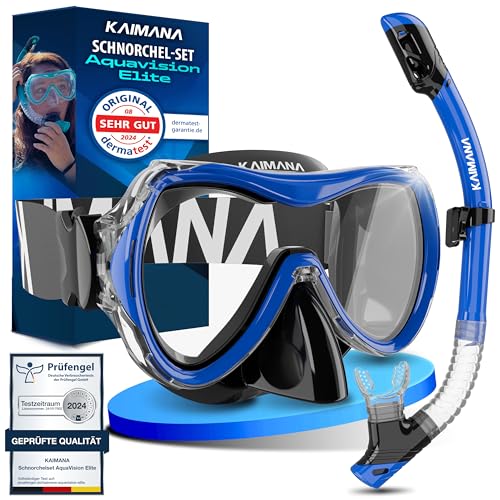 Das Neue KAIMANA® AquaVision Elite Schnorchelset für Erwachsene inkl. Tragetasche, Bequeme Taucherbrille Erwachsene, Alternative zur Schnorchelmaske, Taucherbrille mit Stoffband/Silikonstrap