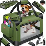 Lovpet® Transportbox Hund Katze Transporttasche M 60x42x42cm | Hunde-Tragetasche Faltbare Katzentasche | Haustier-Transportbox inkl. Hundenapf & Schultergurt | für Katzen & Hunde Khaki