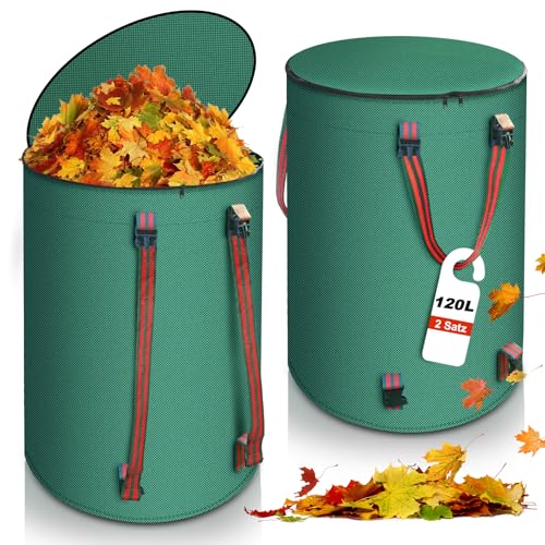 YTACREA 2X 120L Gartenabfallsack mit Deckel und Griffen, Stabile Faltbar Gartensack Laubsammler, Selbststehend, Groß Laubsack mit Deckel für Gartenabfälle und Grünschnitt, Rucksack, Handheld