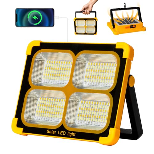 100W LED Baustrahler Akku Solar Arbeitsleuchte Tragbare, 10000LM 12000mAh Akku Arbeitsleuchte USB-Wiederaufladbar, 4 Lichtmodi, Campinglampe Tragbar im Freien für Notfälle, Baustelle, Camping, Garage