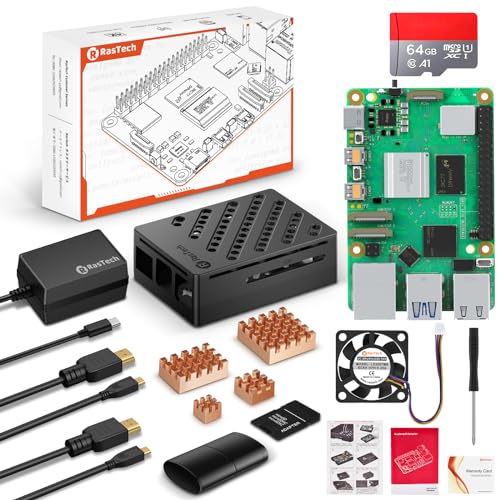 RasTech Raspberry Pi 5 8GB Starter Kit mit 64GB SD-Karte Pi 5 Gehäuse mit PWM Lüfter Typ-C 5.1V 5A Netzkabel 4 Goldene Kühlkörper 2 Micro HDMI-Kabel SD Kartenleser SD-Kartenadapter Screwdriver