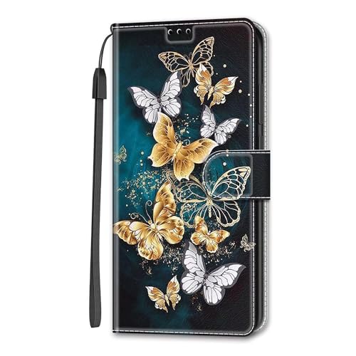 Rnrieyta Miagon Brieftasche Cover für Xiaomi Redmi 12C,Kreativ Malerei Magnetische Folio Hülle PU Leder Schutzhülle Tasche Case Ständer mit Kartenfächer,Gold Schmetterling