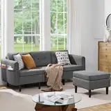 Yaheetech Ecksofa 3-Sitzer Sofa mit Polsterhocker aus Leinenstoff Eckcouch in L-Form Rechts/Links fürs Wohnzimmer/Schlafzimmer/Wohnung, Hellgrau