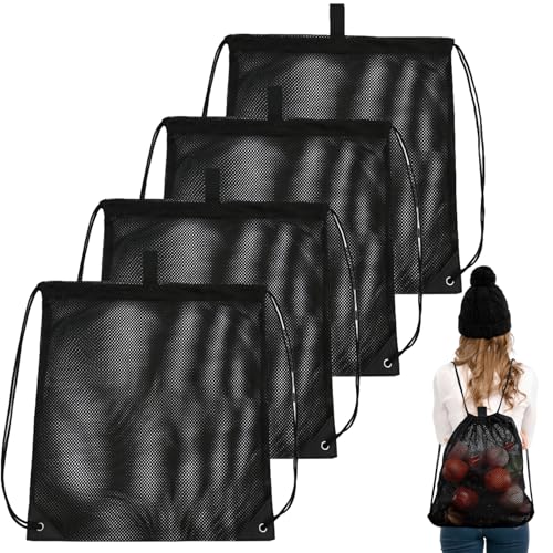 Netzbeutel Kordelzug Turnbeutel: 4 Stück Groß Mesh Strandtasche, 40cm*45cm Mesh Rucksäcke mit Kordelzug, Gym Sack Rucksack Mesh Ball Tasche Turnbeutel für Schwimmen Tauchen Reisen Fitnessstudio