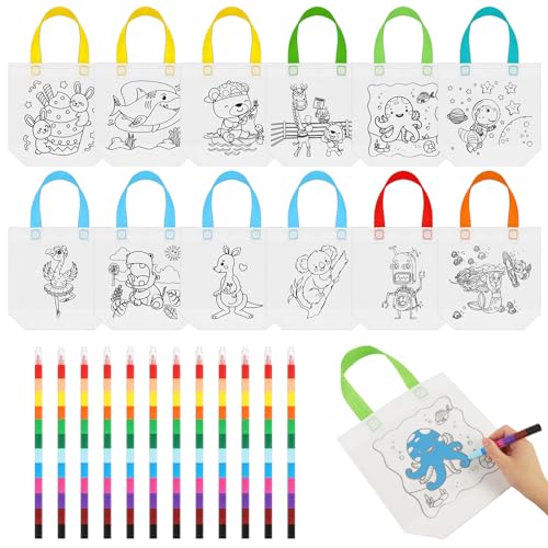 Halinuia 12 Stück Stoffbeutel zum Bemalen Kinder DIY Taschen zum Bemalen Basteln Kinder Stoffbeutel Set mit 12 Farben Buntstifte für DIY Kindergeburtstag Gastgeschenke