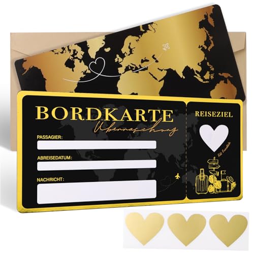 BETESSIN Reisegutschein Geschenk Verpackung Schwarz Gold - Flugticket Karte mit Rubbelaufkleber & Umschlag - Bordkarten zum Beschriften - Kreativ Reise Geschenk für Überraschungsreise