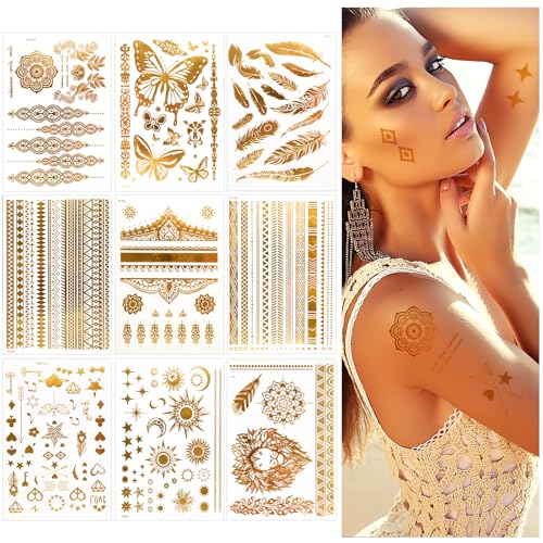 Gold Temporäre Tattoos Erwachsene, 110+ Festival Tattoos, Metallic Glitzer Klebe Tattoo, Wasserdichte Boho Gesichtstattoo Set für Festival & Party Halloween -9 Blatt
