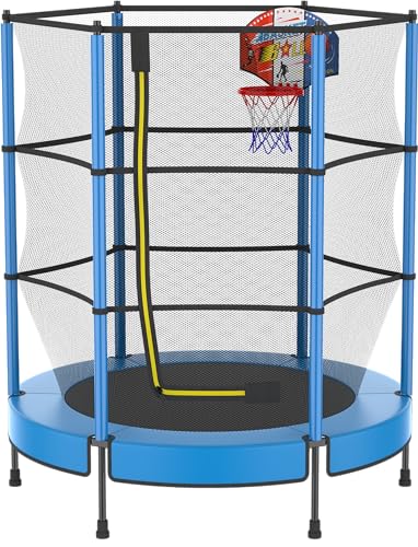 PILIN Kinder Trampolin mit Basketballkorb, 145cm Indoor-Outdoor-Sprungbett mit Federn, erhöhtes Sicherheitsnetz - Geburtstagsspielzeug für Jungen Mädchen, Kinderweihnachtsgeschenk