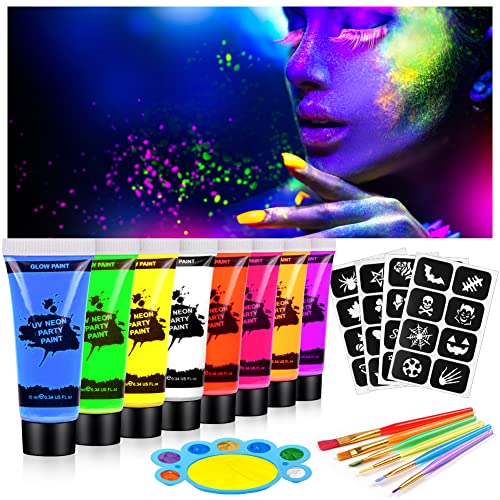 AOOWU Kinderschminke Set, 8 Farben Neon UV Schminkfarben, Waschbar Face Paint Bodypaint Schminkset, Gesichtsfarben Körperfarbe mit 6 Pinsel, 4 Aufkleber und 1 Palette für Karneval Make-up Fasching