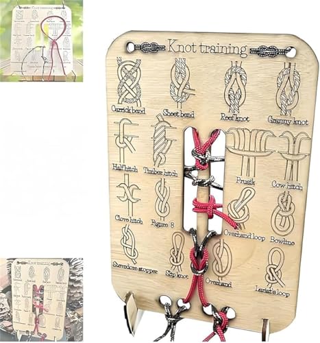 Knoten-Übungsbrett-Set, tragbares Trainingsbrett aus Holz mit 16 Knoten und 3 Fallschirmseilen zum Lernen, quadratischer Knoten für Outdoor-Überleben